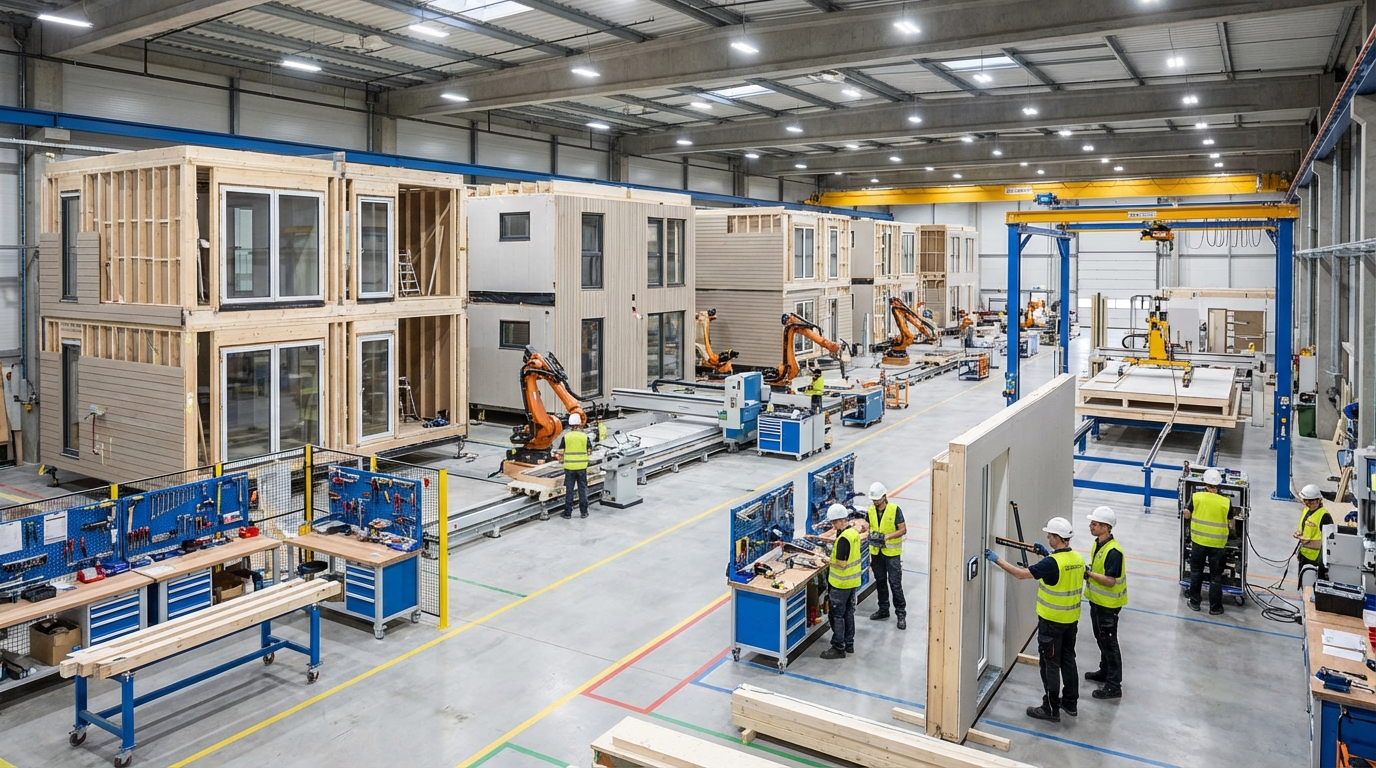 Modern modular home factory with precision construction